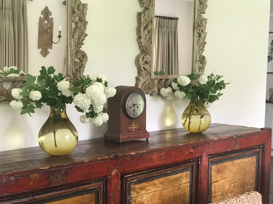 Hydrangeas from the garden in the dining area at Monnington House