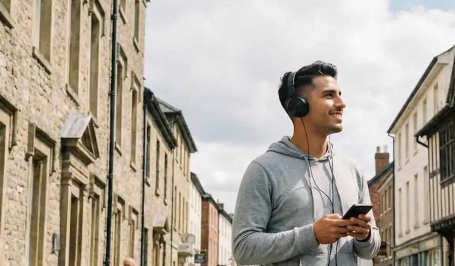 AudaTours Hereford Audio Tour: A Journey Through Hereford's Historic Highlights. A man enjoying the audio tour in Hereford.